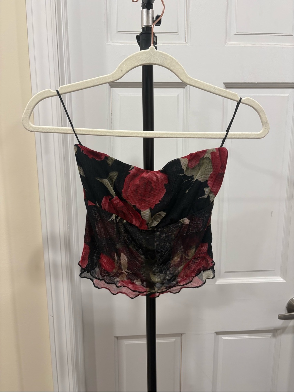 UO Black & Red Rose Strapless Top